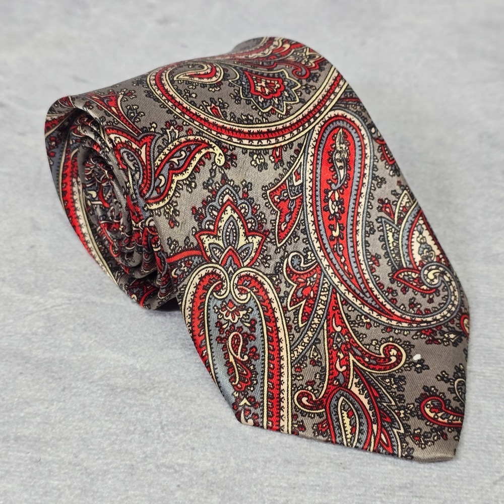 Bergamo Tie Mens‎ Silk Gray Red Paisley Pattern Classic Business Formal